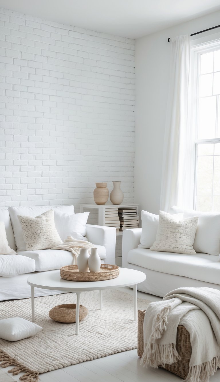 A bright white living room with whitewashed brick walls, a sofa, coffee table, and natural light filling the space.