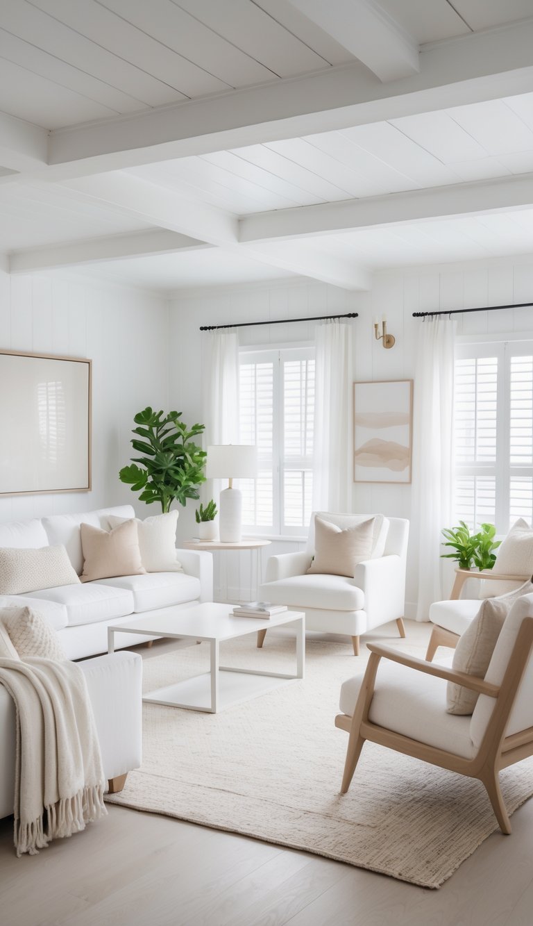 A bright living room with white and neutral furniture, large windows letting in natural light, and a clean, spacious layout with cozy seating and decorative plants.