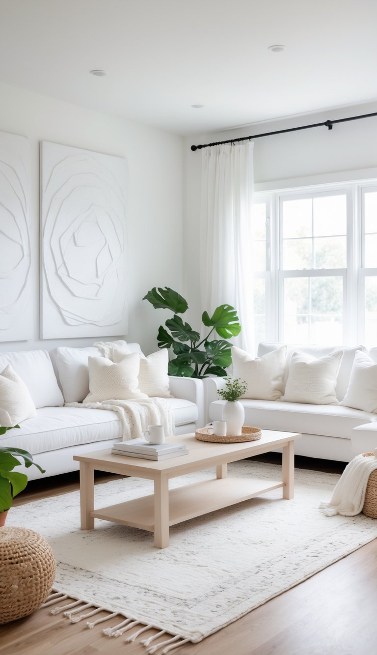 A bright white living room with a sofa, coffee table, abstract art on the walls, and natural light coming through large windows.