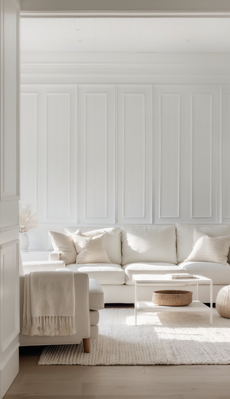 A bright living room with white paneled walls, a sofa, coffee table, and soft natural lighting.