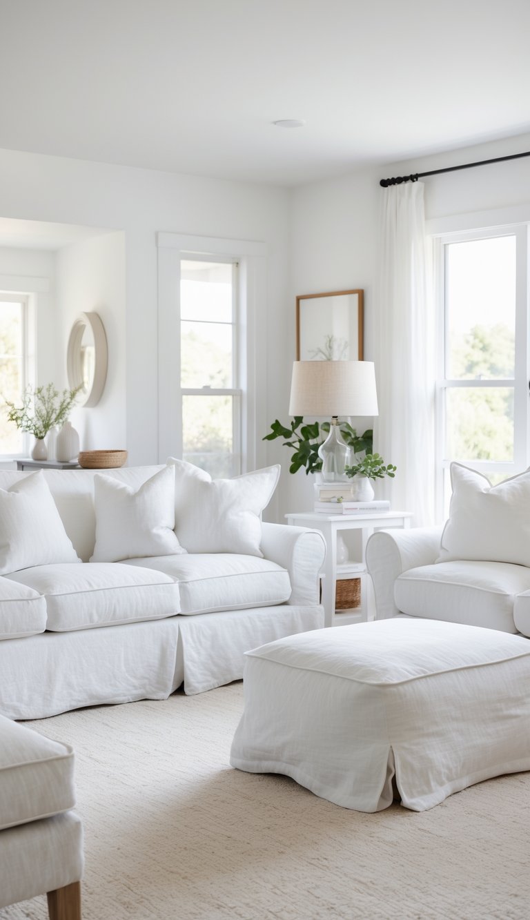 Bright living room with white slipcovered furniture, natural light, and a clean, inviting layout.