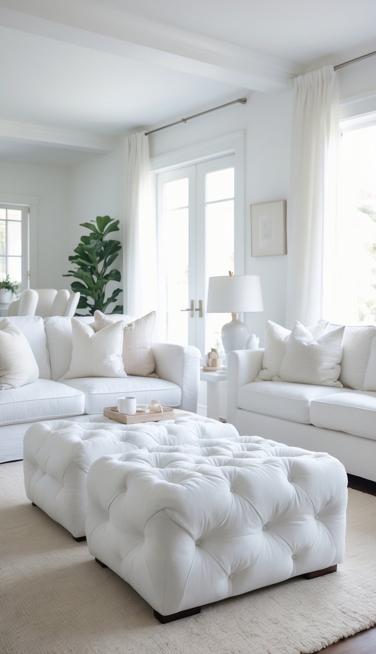 A bright white living room with tufted ottomans, arranged furniture, and soft lighting creating a welcoming space.