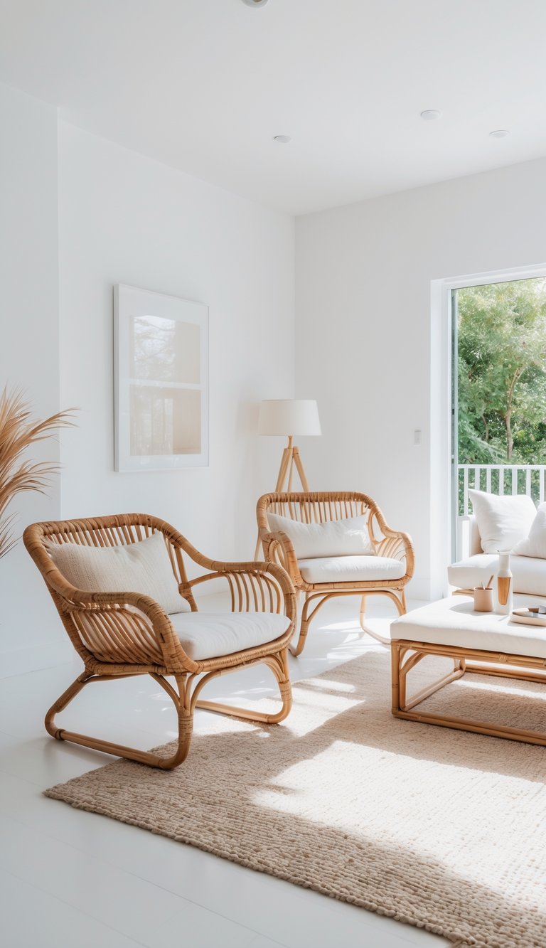 Bright white living room with rattan chairs, a coffee table, and natural light filling the space.