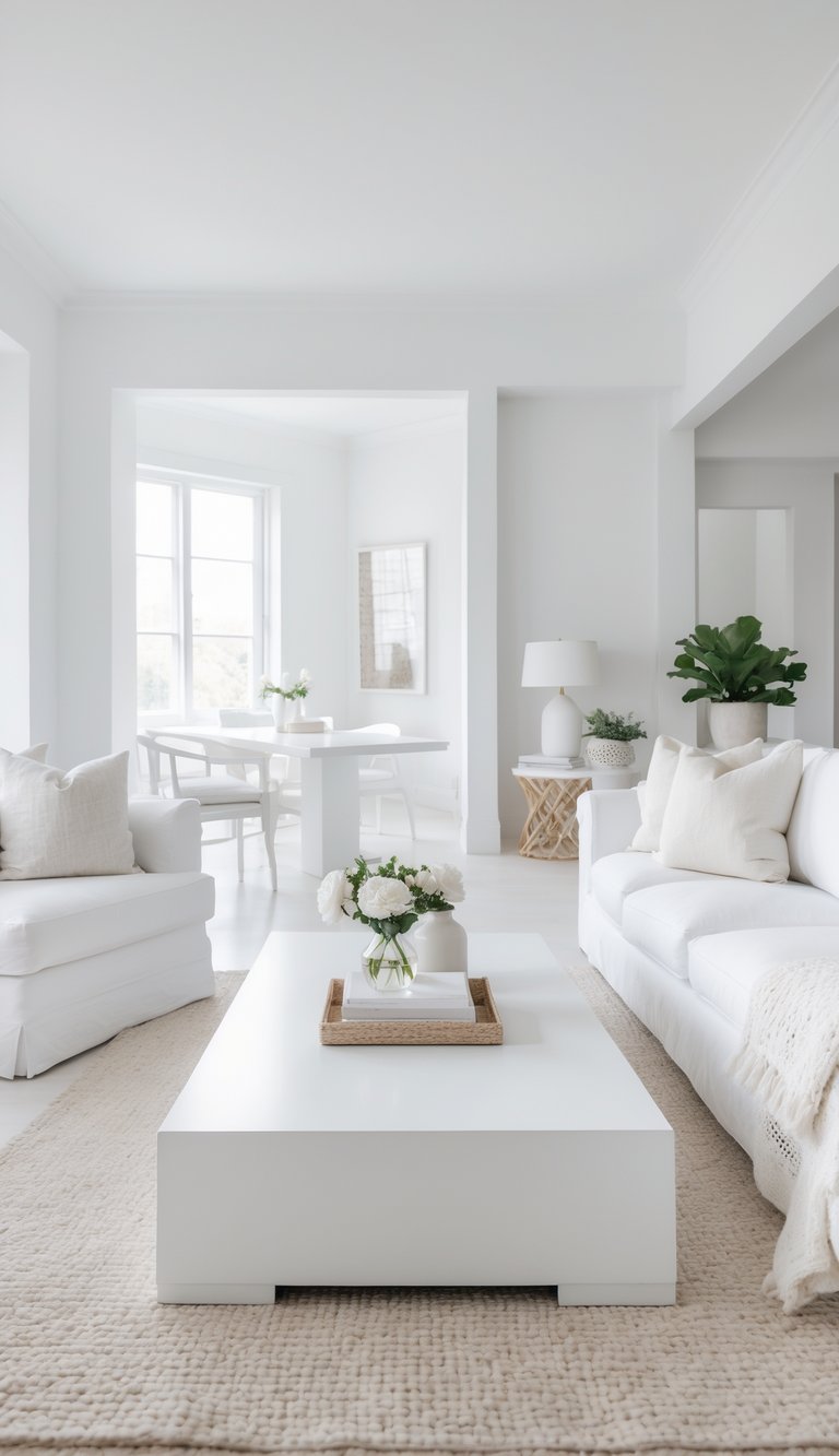 A bright white living room with a white coffee table, comfortable seating, and natural light filling the space.