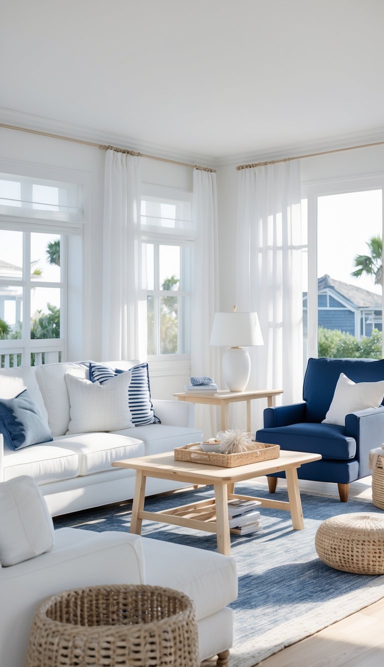 A bright living room with white and navy blue furniture, natural light, and a clean, cozy arrangement.
