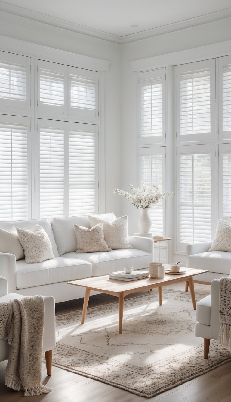 A bright living room with white wood blinds on the windows, a white sofa, coffee table, and a clean, organized layout filled with natural light.