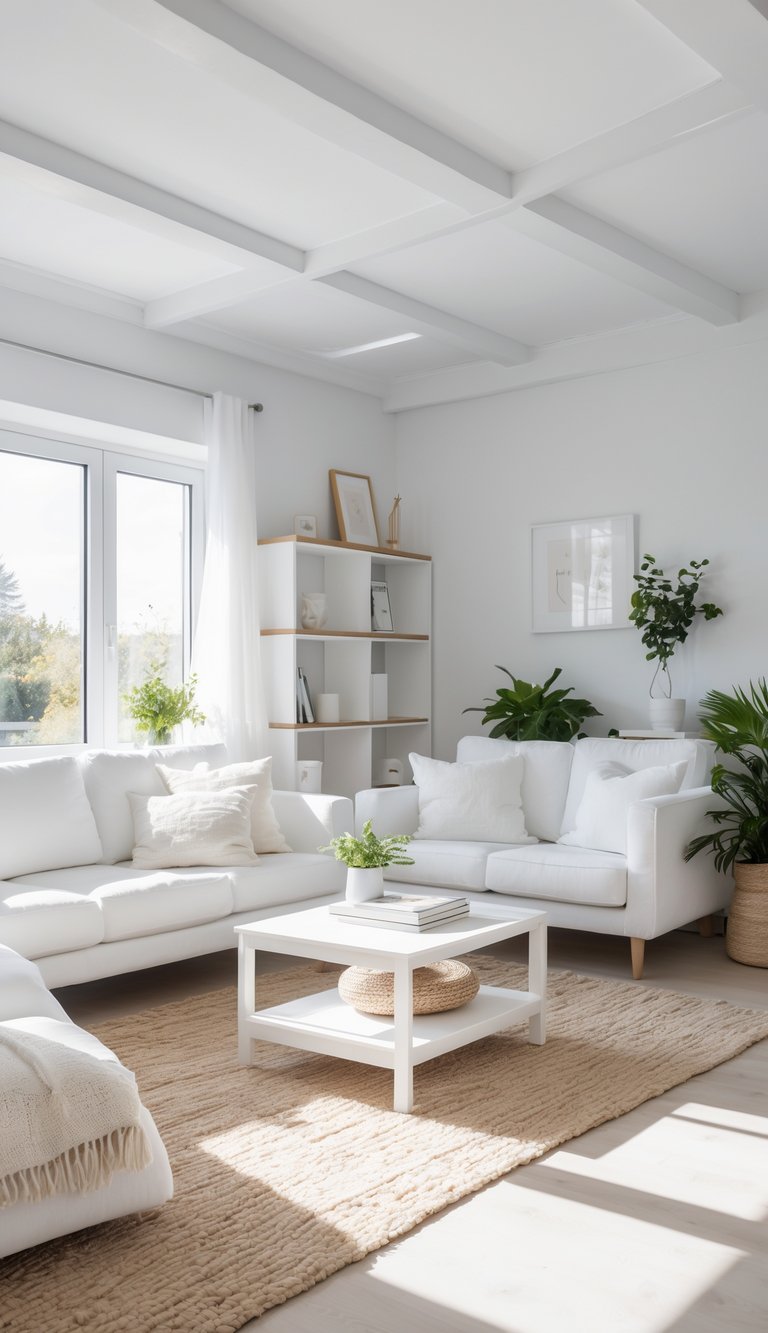 Bright living room with white furniture, natural light, a sofa, coffee table, plants, and a clean, inviting layout.