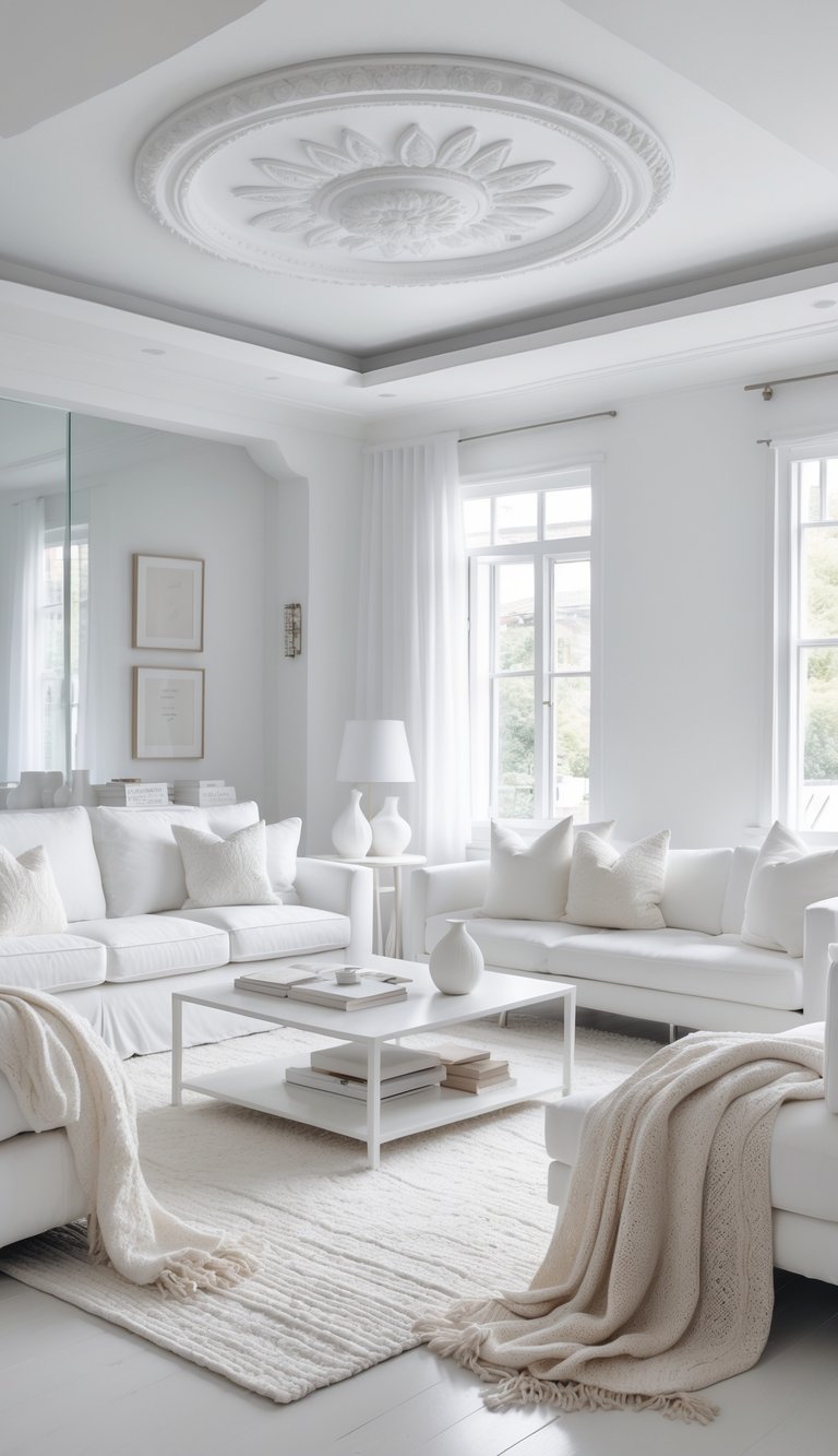 A bright white living room with ceiling medallions, comfortable furniture, and large windows letting in natural light.