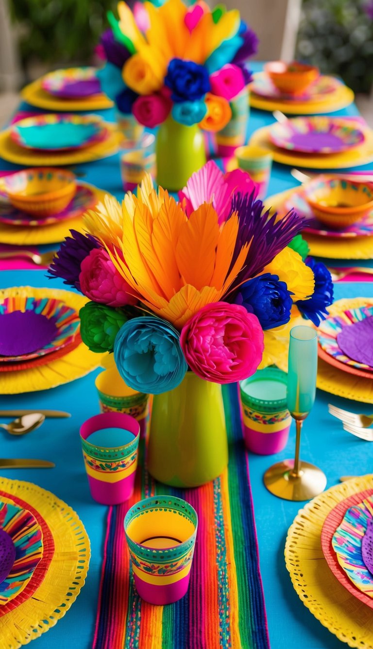 Colorful papel flowers arranged in vibrant centerpieces for a festive Cinco de Mayo tablescape