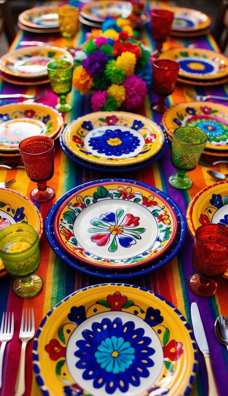 Colorful Talavera-style plates arranged on a vibrant table with festive decorations, creating a lively Cinco de Mayo tablescape