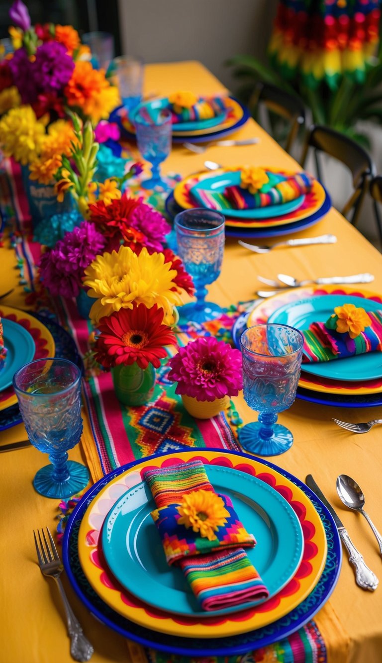 A festive table adorned with vibrant Mexican-inspired tableware, including colorful plates, glasses, and napkins. Bright flowers and decorative accents complete the lively Cinco de Mayo tablescape