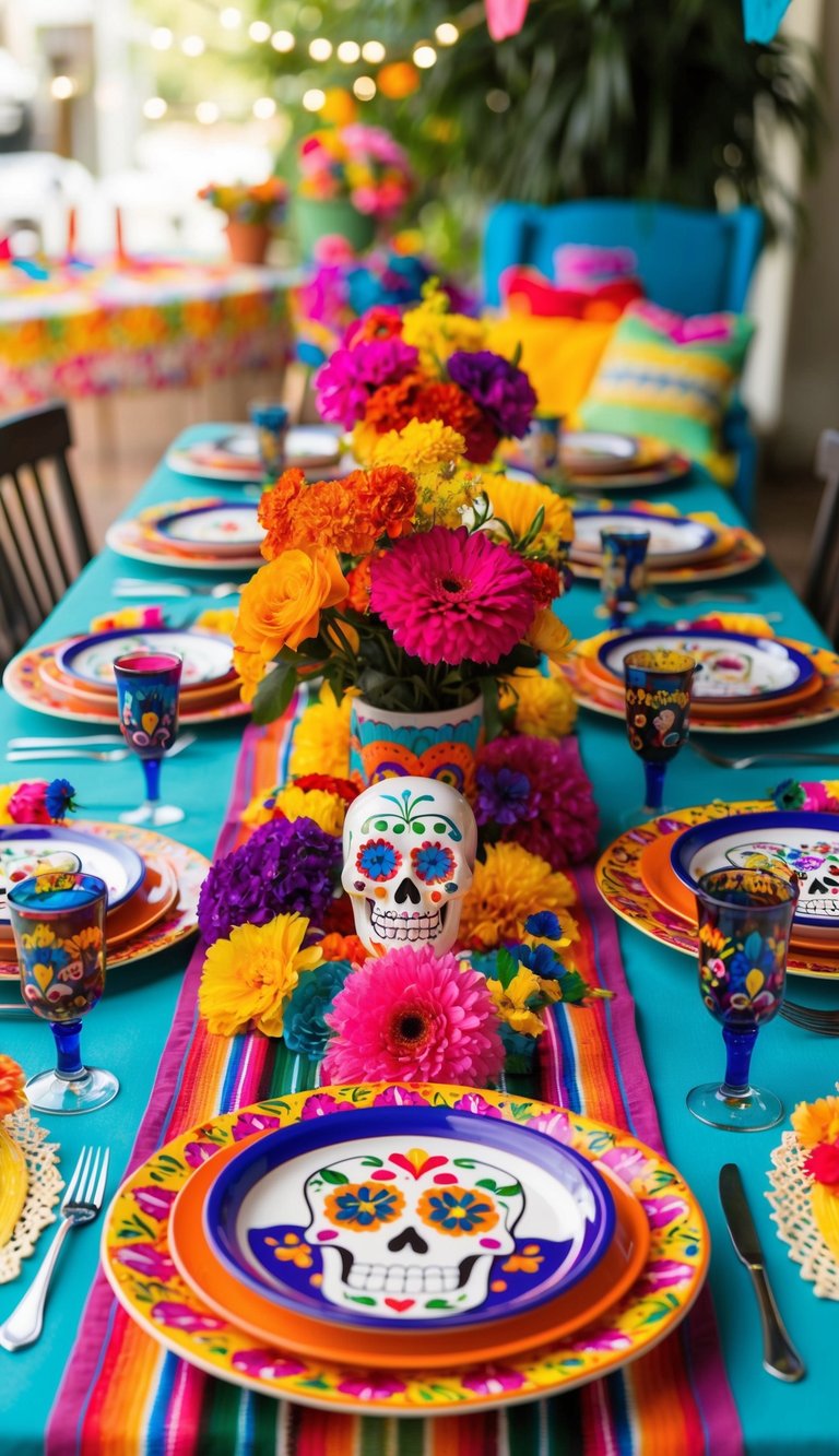 A festive table adorned with sugar skull-themed accents for a Cinco de Mayo celebration. Colorful flowers, papel picado, and vibrant tableware complete the scene