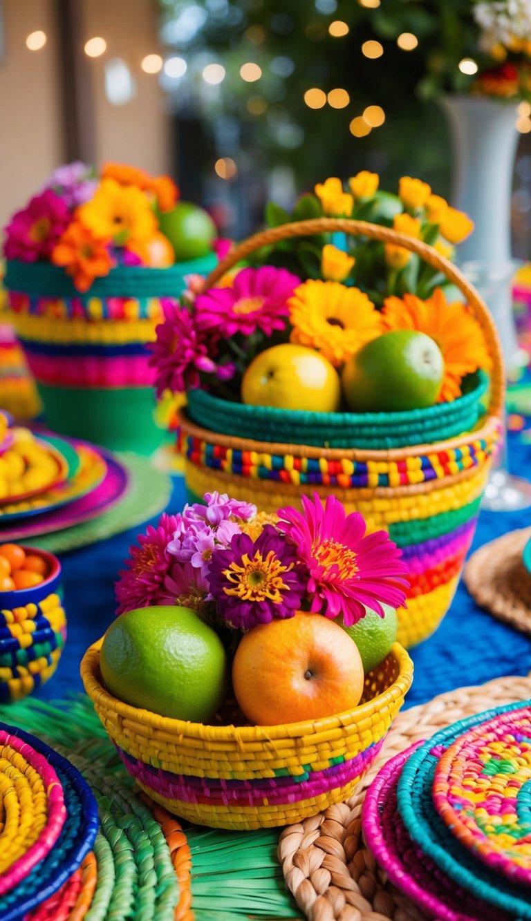 Vibrant woven baskets filled with colorful flowers and fruits, set on a festive Cinco de Mayo tablescape