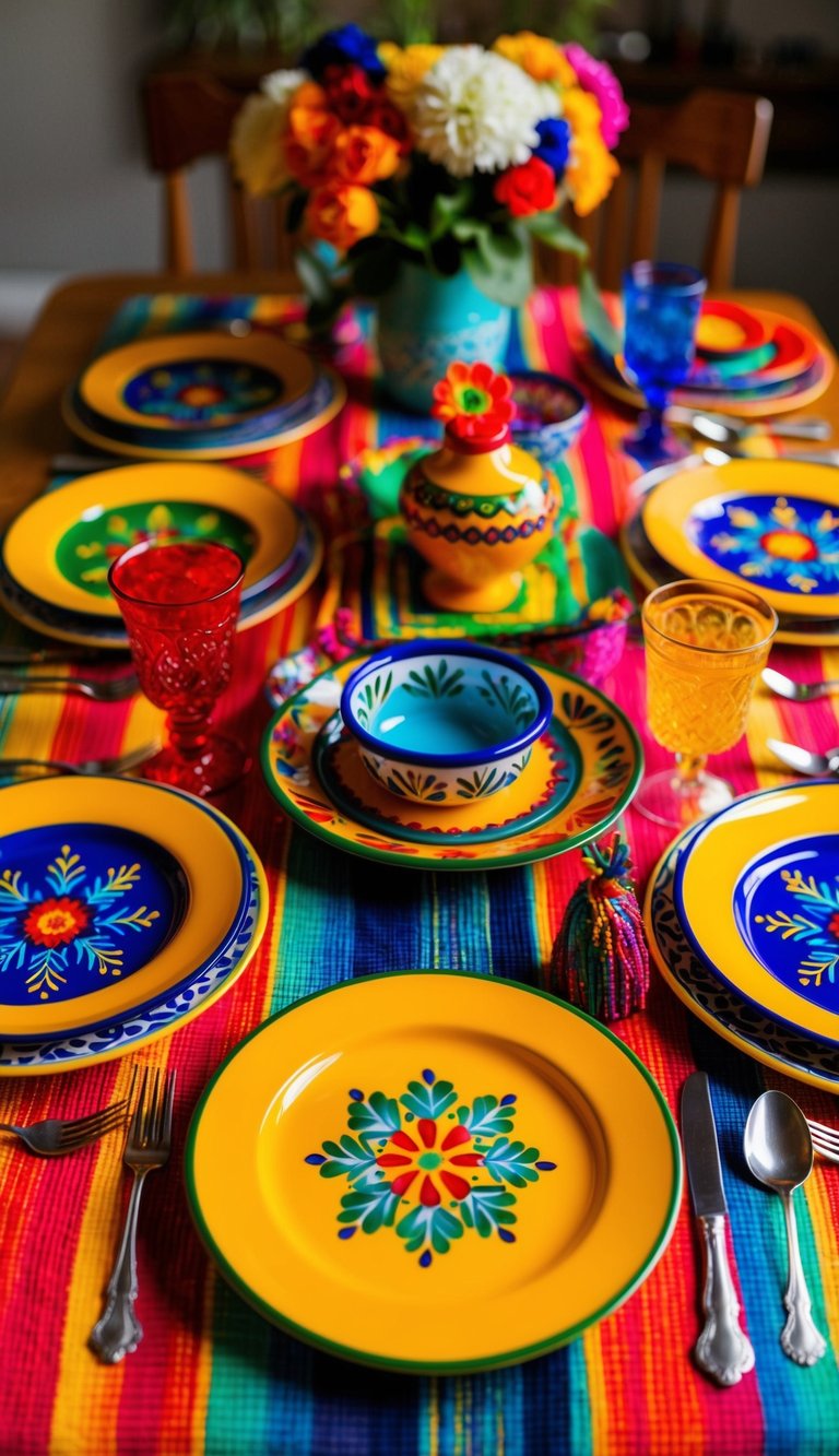 Vibrant enamel plates arranged in a festive Cinco de Mayo tablescape