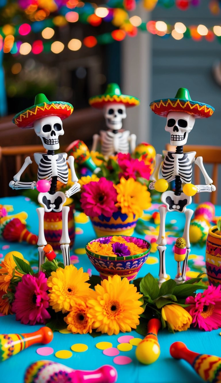 Skeleton figurines adorn a vibrant Cinco de Mayo tablescape, surrounded by colorful flowers, maracas, and festive decorations
