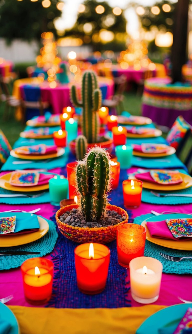 Vibrant fiesta tablescape with unique cactus candles on 50 tables