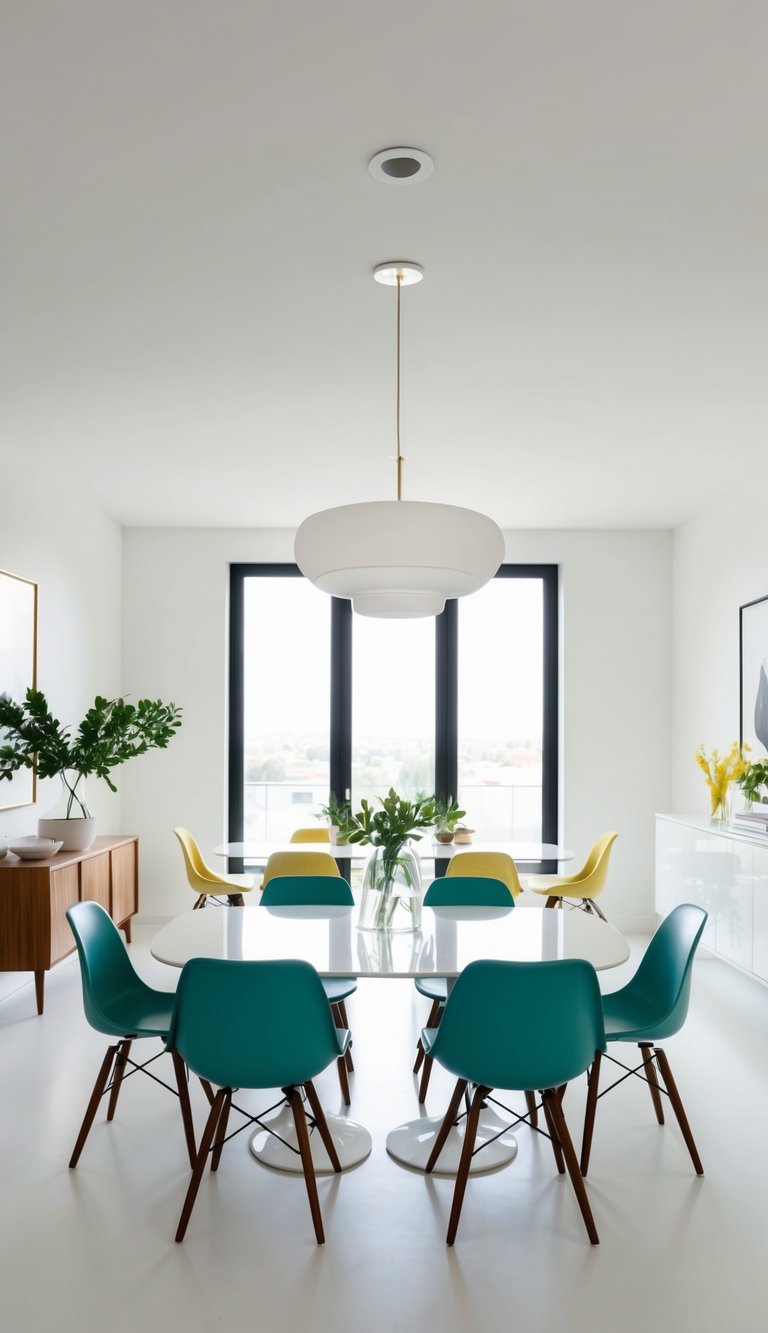 A sleek dining room with mid-century modern chairs, set in a bright, airy space with a crisp white color scheme