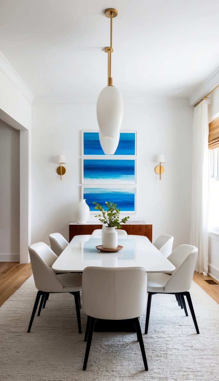 A white dining room with bright wall art, creating a crisp and elegant space