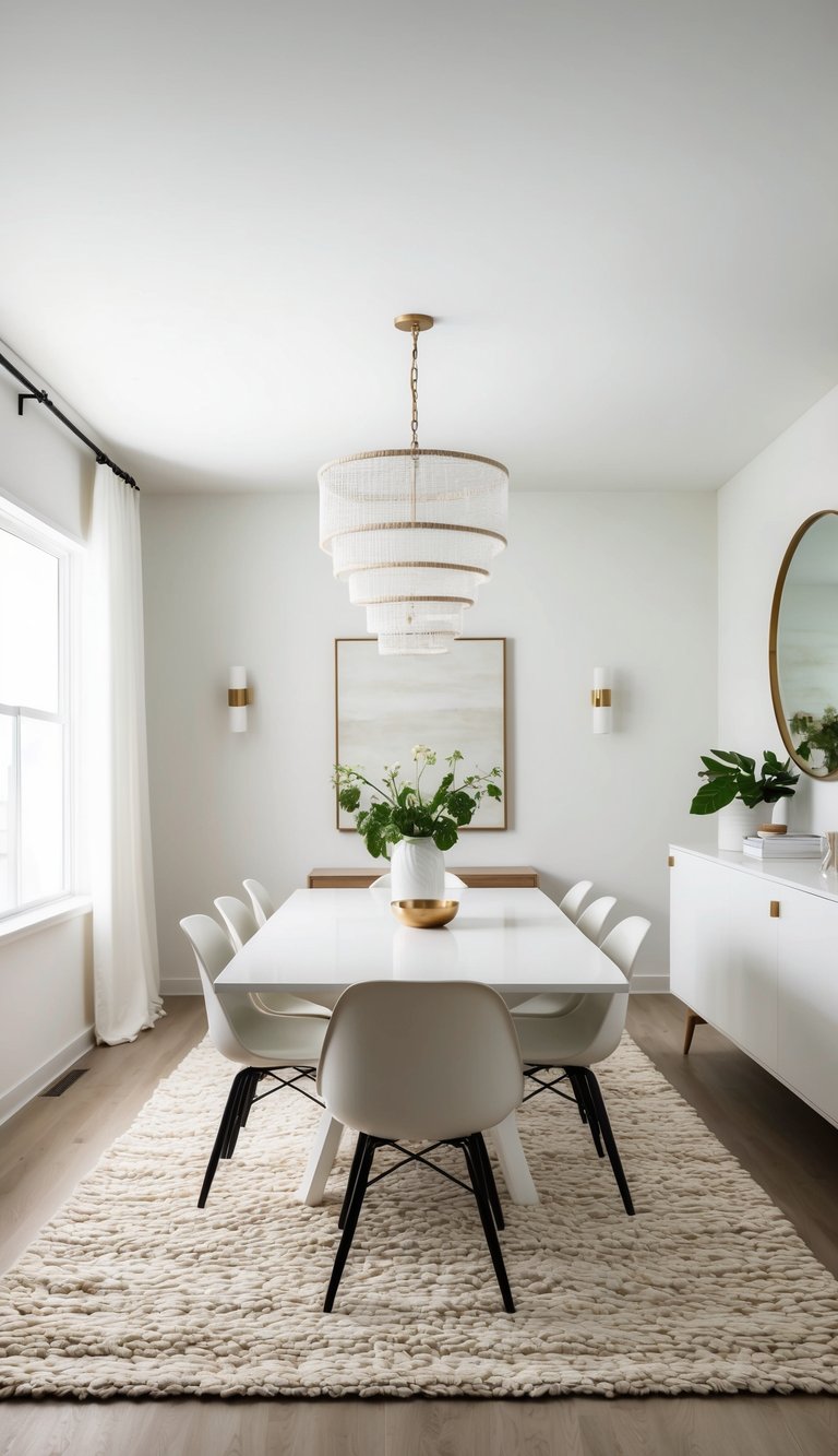 A white dining room with textured rugs, elegant and airy