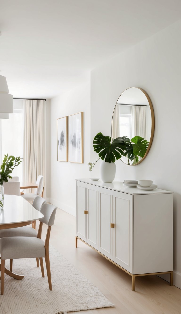 A white buffet cabinet stands in a bright, elegant dining room with clean lines and minimalistic decor