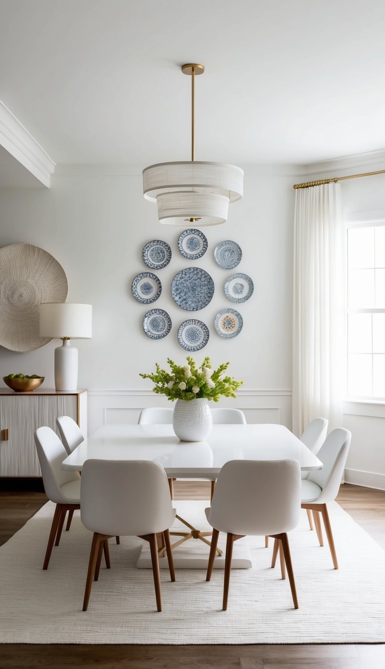 A white dining room with decorative wall plates, elegant and airy
