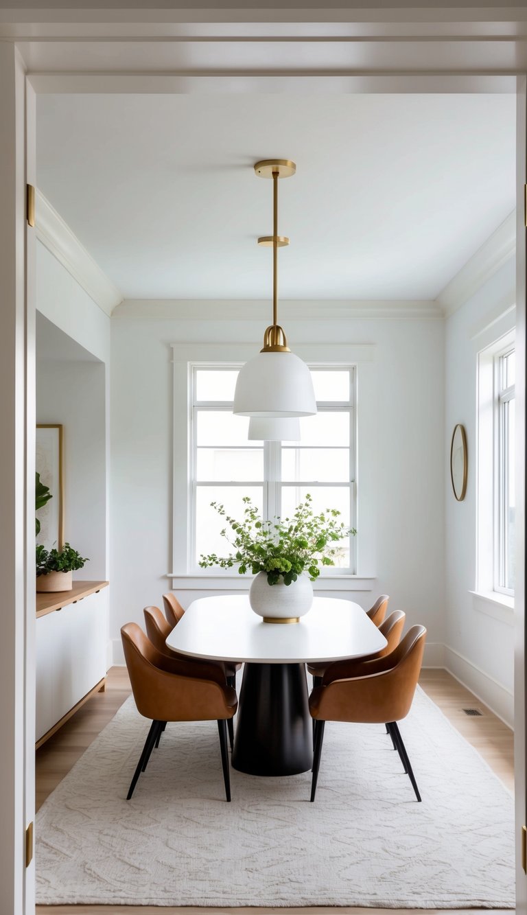 The dining room features brass hardware details, with white walls and furniture creating a crisp and elegant atmosphere