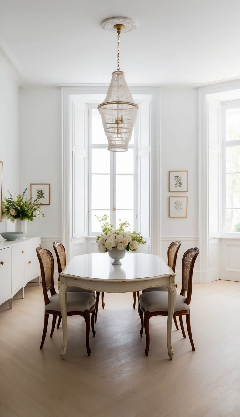 A vintage dining set in a bright, airy room with white walls and elegant decor