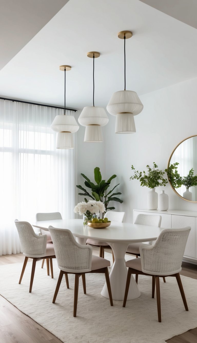 A white dining room with statement pendant lights, creating a crisp and airy space for elegant dining