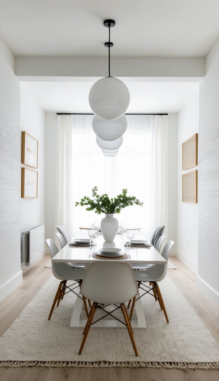 A white dining room with subtle texture variations, creating a crisp and elegant, airy space