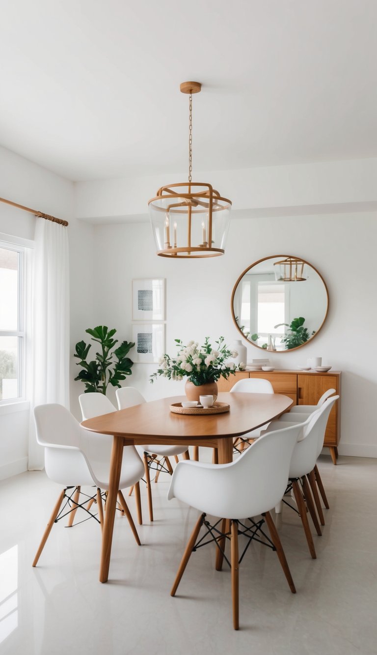 A white dining room with warm wooden accents and a crisp, airy feel