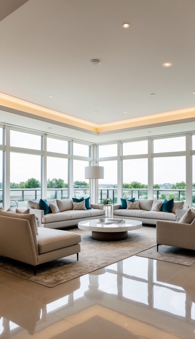 A spacious living room with large windows, light-colored furniture, and reflective surfaces creating a bright and airy atmosphere