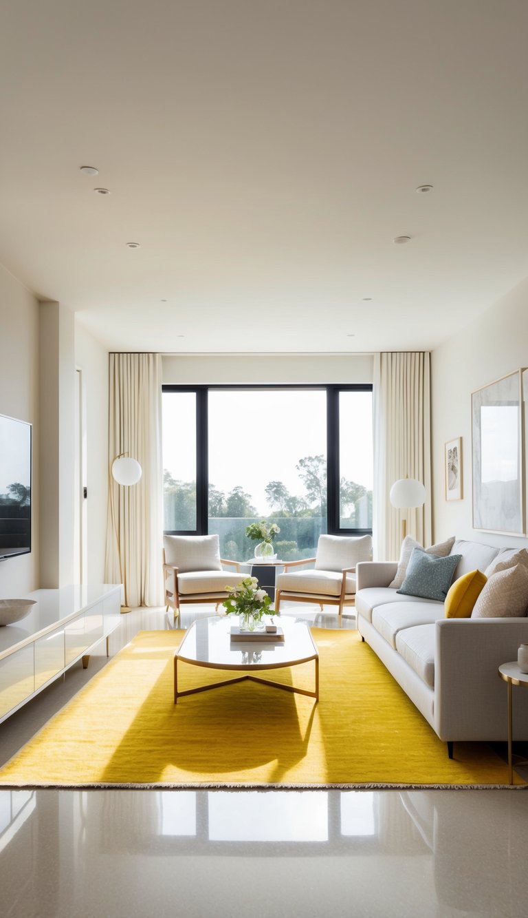 A light-filled living room with an airy color palette, featuring a bright area rug and reflective surfaces