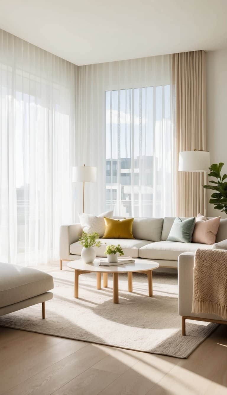 A bright living room with sheer curtains, sunlight streaming in, and light colors throughout