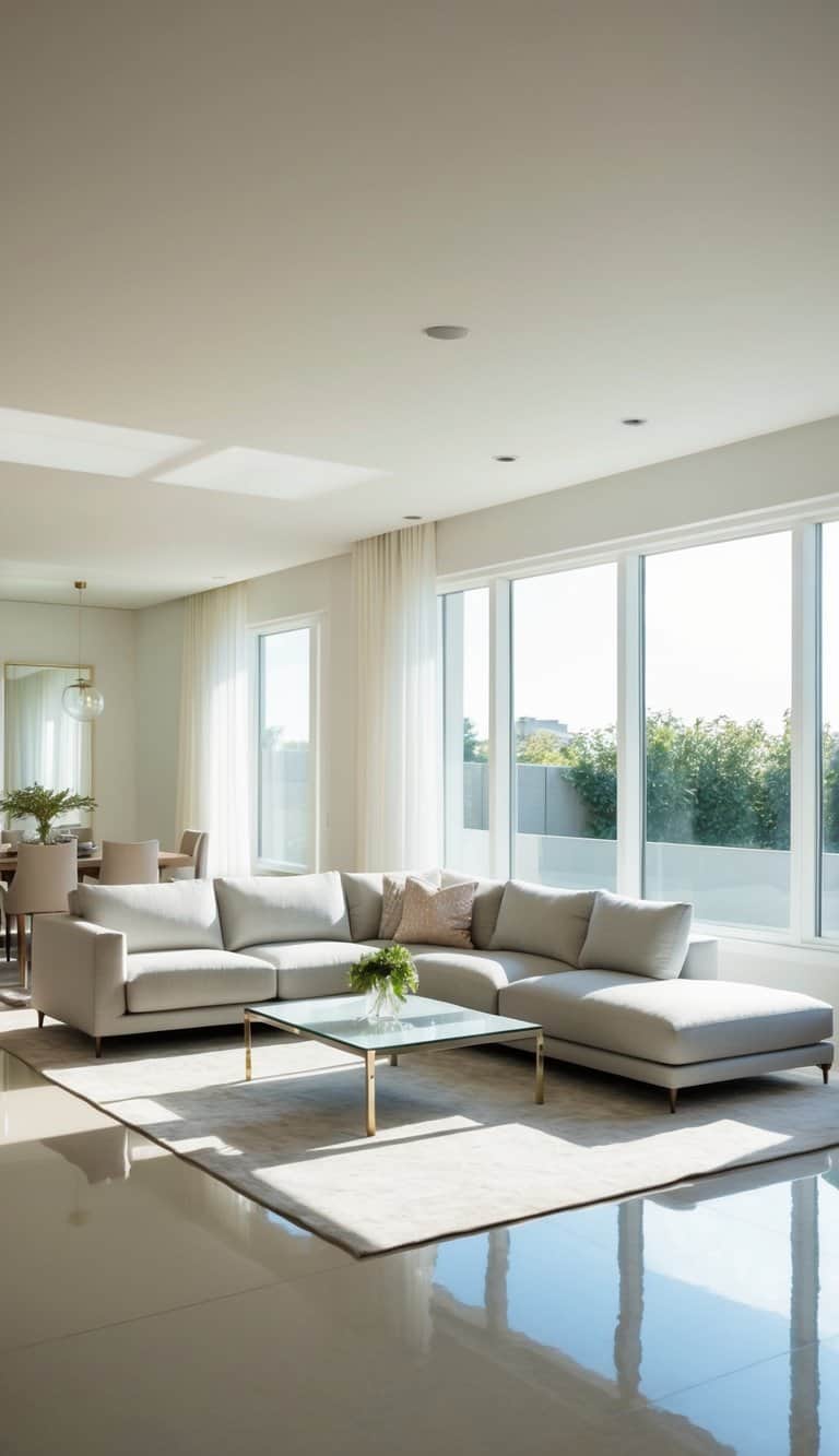 A bright living room with a showstopping sectional, airy colors, and reflective surfaces. Sunlight fills the space, creating a light-filled and inviting atmosphere