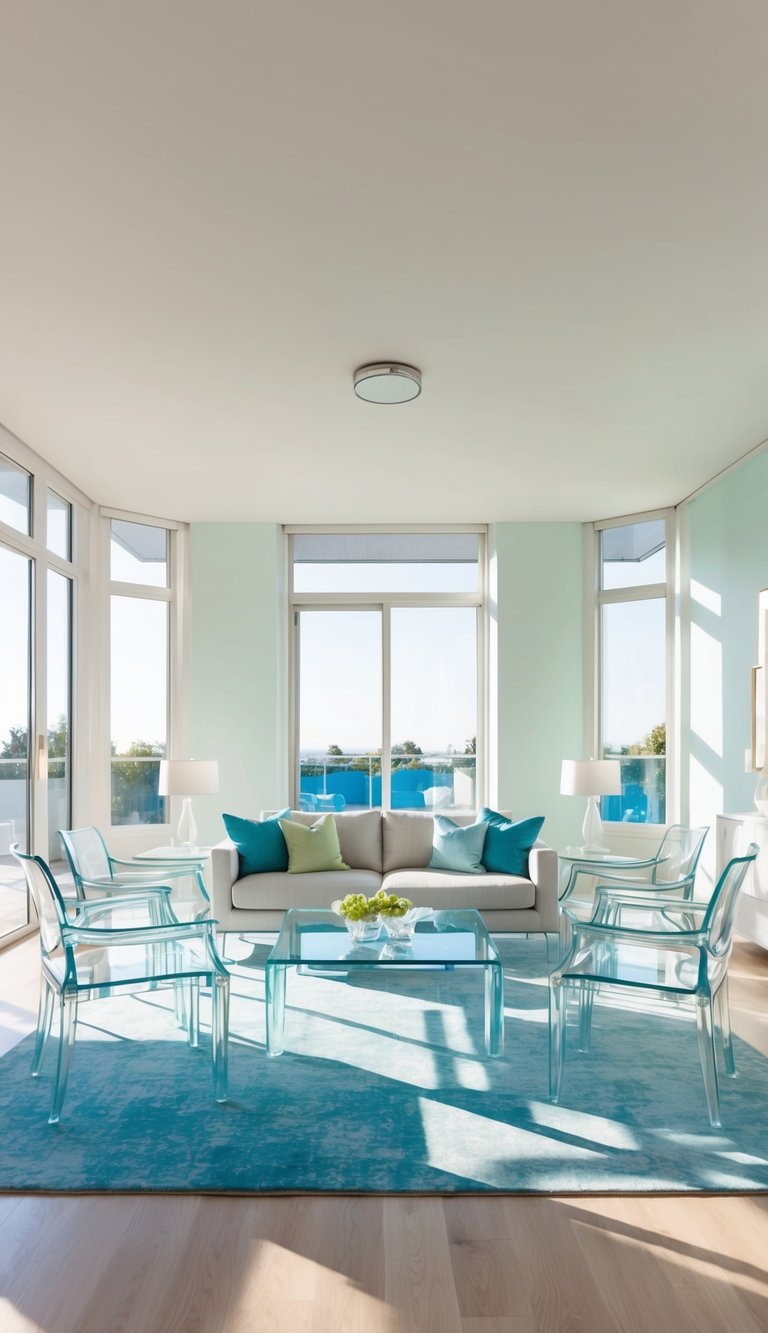 A bright living room with glass furniture, airy colors, and reflective surfaces. Sunlight streams in, creating a light-filled space