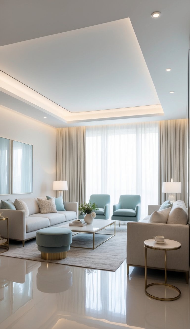 A bright living room with layered lighting, airy colors, and reflective surfaces creating a light-filled space