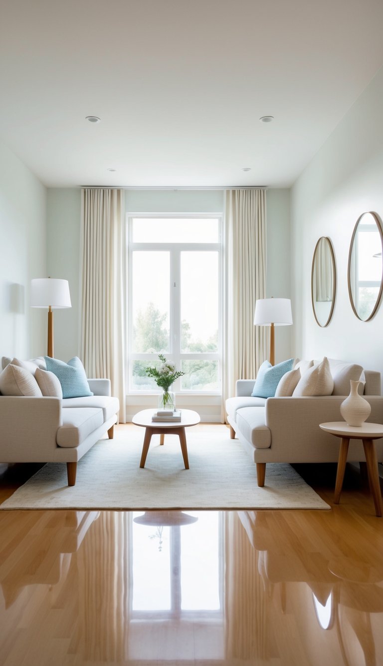 A bright living room with exposed leg furniture, airy colors, and reflective surfaces