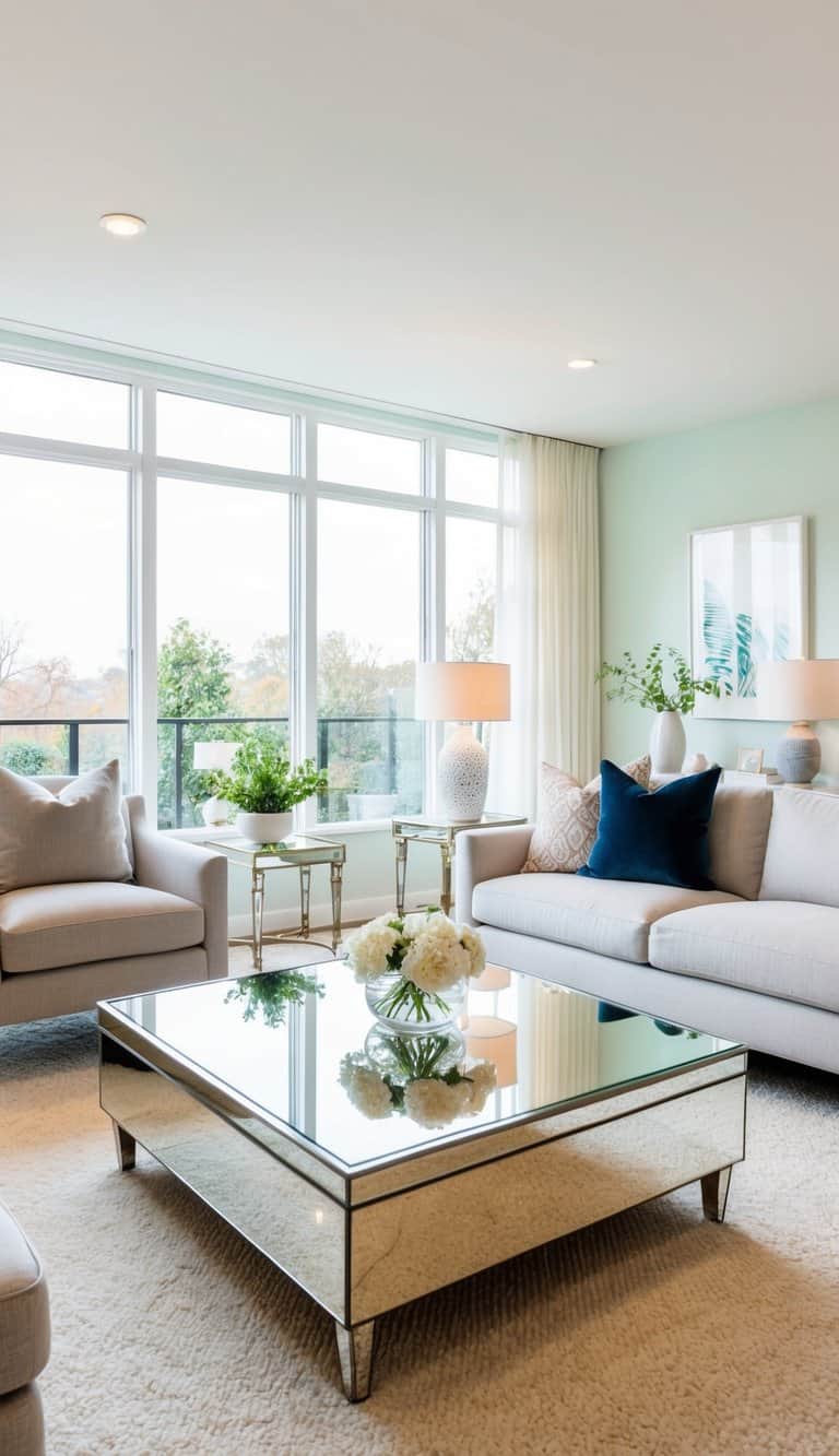 A bright living room with a mirrored coffee table, airy colors, and reflective surfaces
