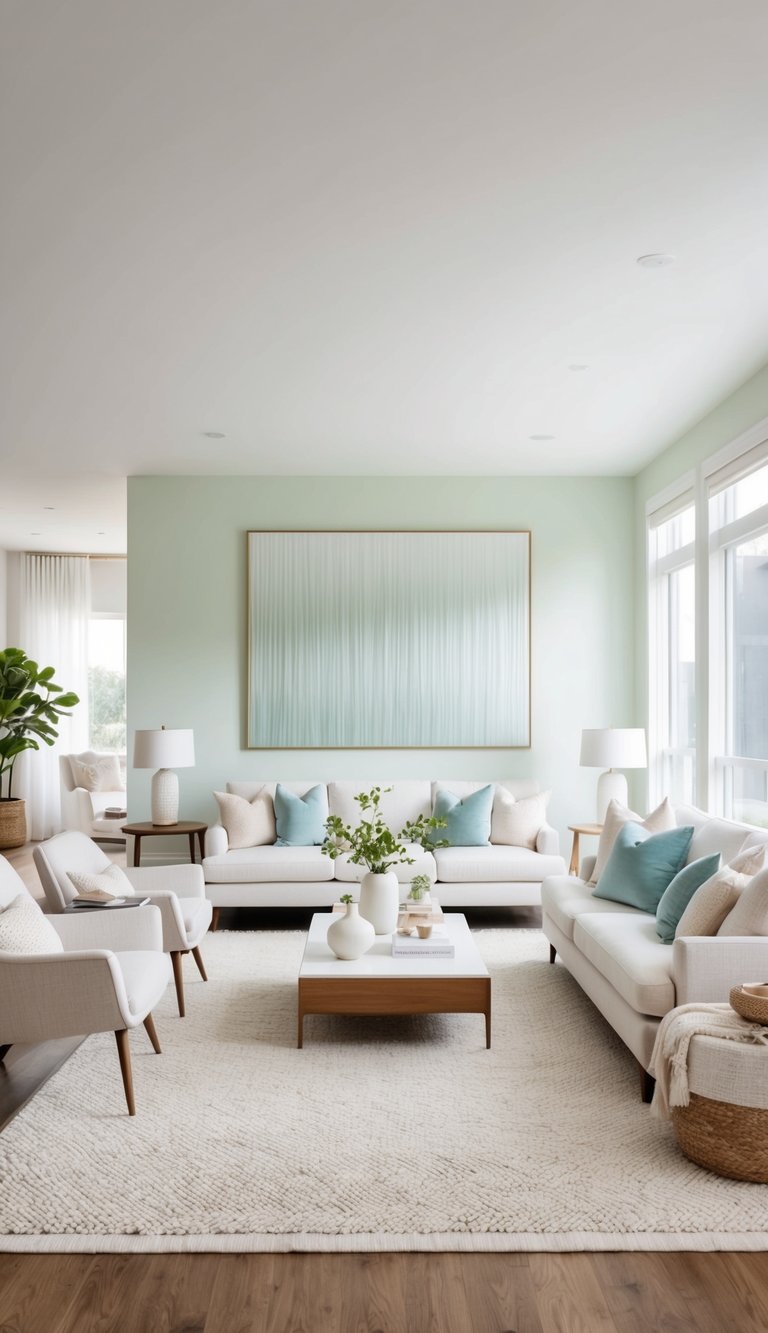 A bright living room with light-reflecting wall art and airy colors