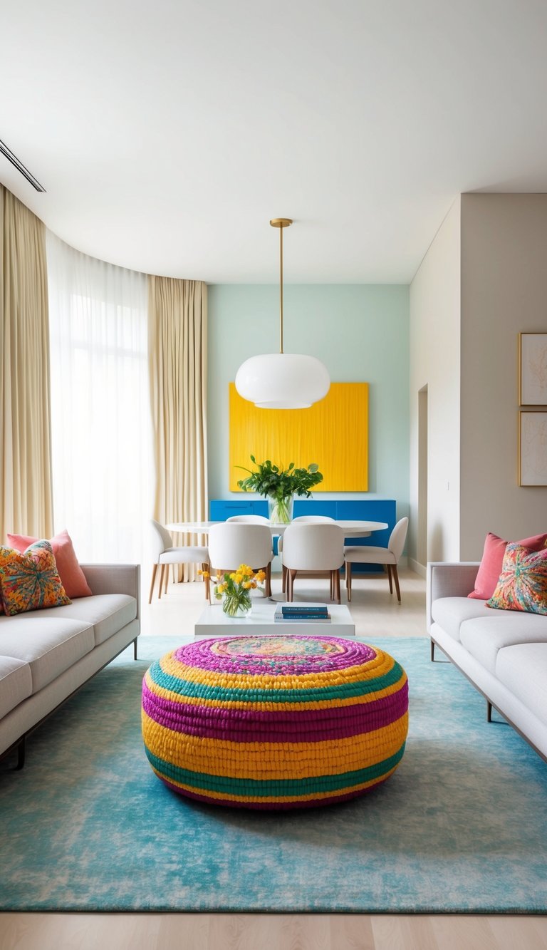 A vibrant, colorful ottoman sits in a light-filled living room with airy colors and reflective surfaces