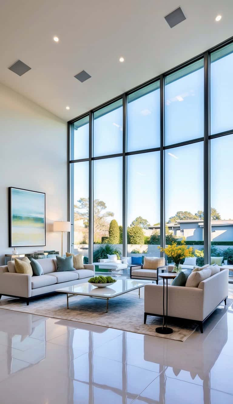 A bright living room with oversized windows, filled with light and airy colors, featuring reflective surfaces