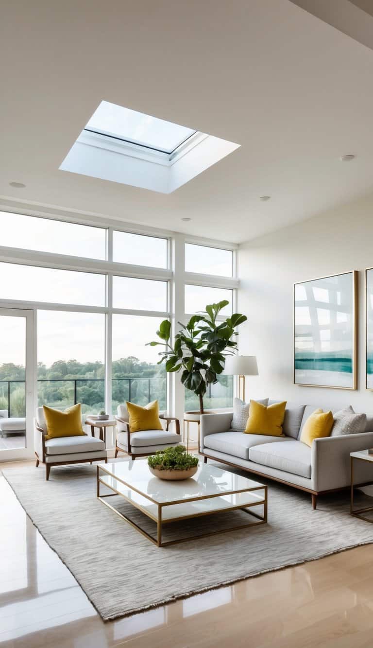 A bright living room with a skylight, airy colors, and reflective surfaces