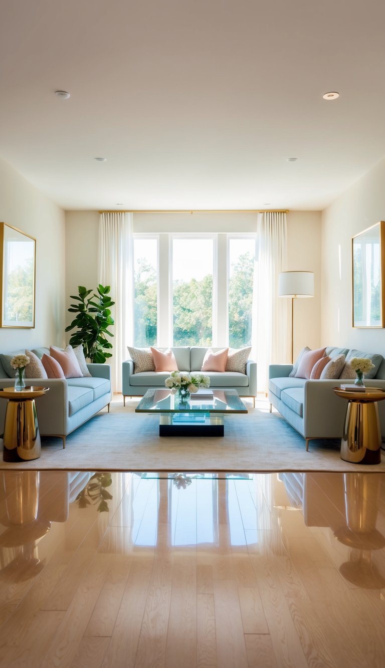 A bright living room with glossy furniture, airy colors, and reflective surfaces