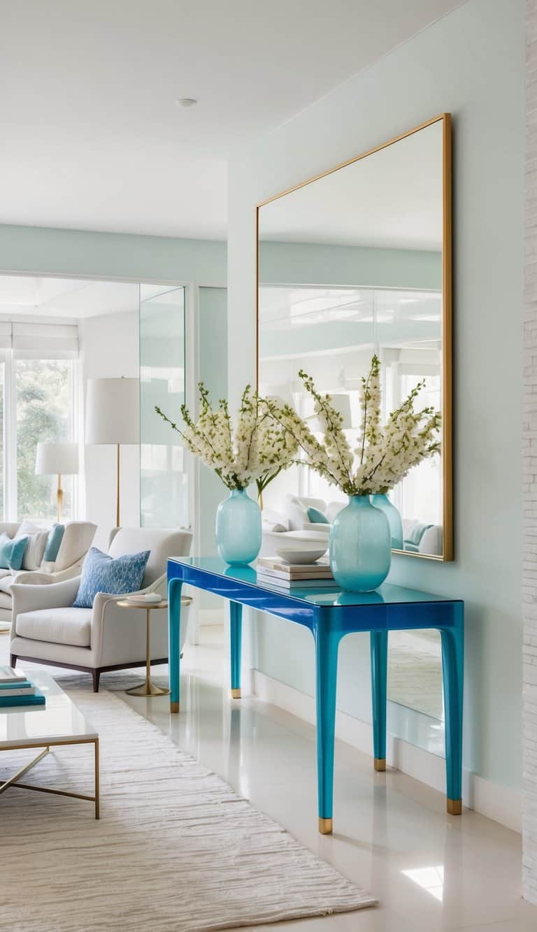 A vibrant console table sits in a light-filled living room, surrounded by airy colors and reflective surfaces
