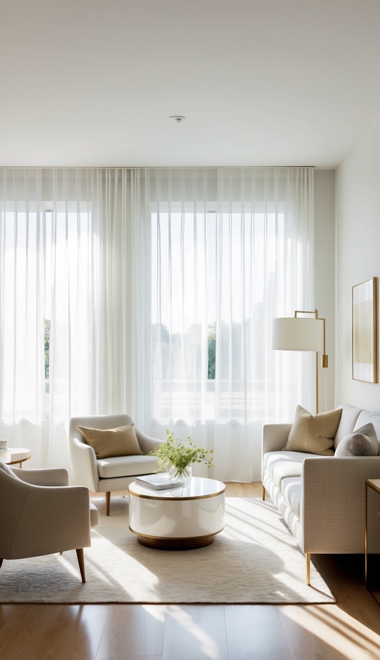 Sunlight streams through sheer white curtains into a bright living room with light-colored furniture and reflective surfaces