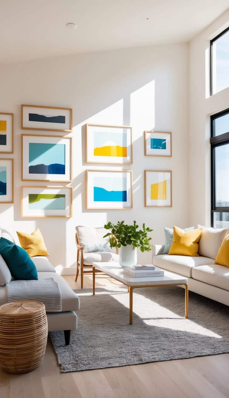 A sunlit living room with colorful frames on the walls, reflecting light and enhancing the airy, bright atmosphere