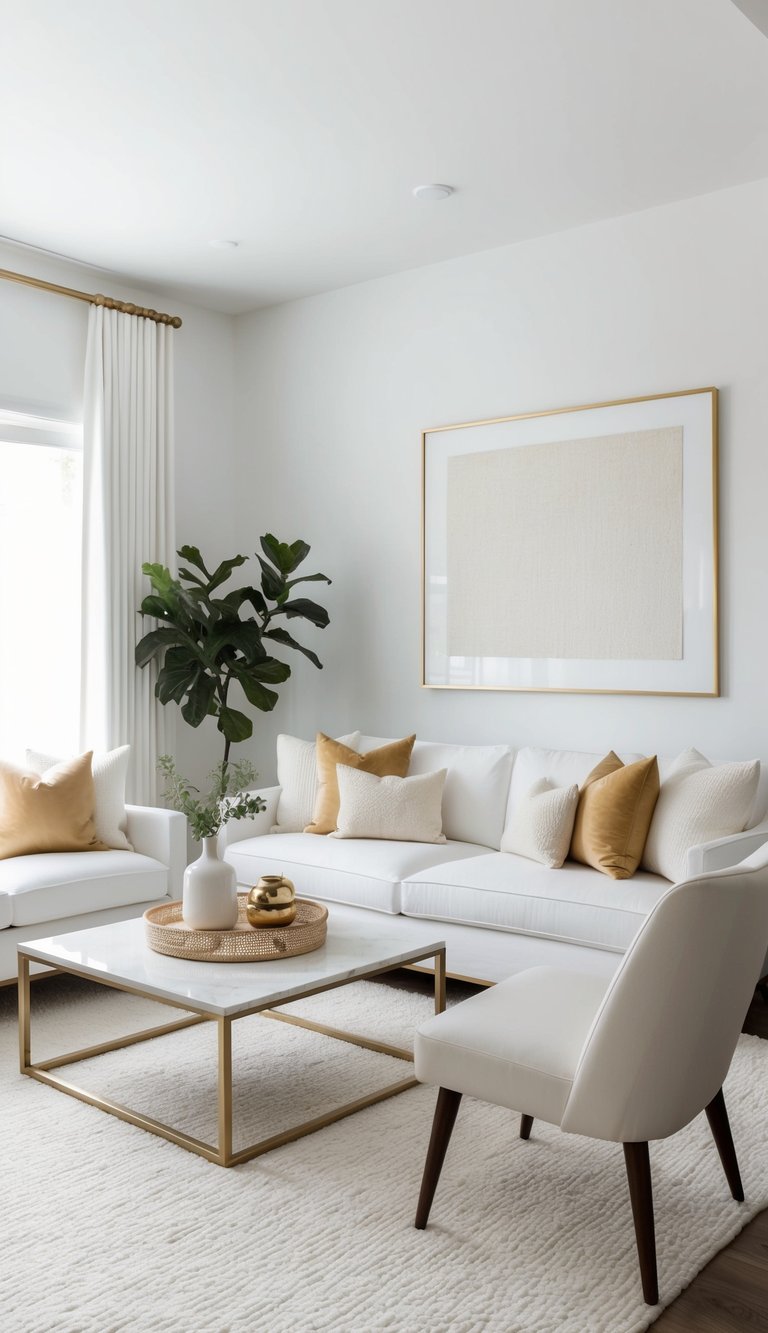 A white living room with gold accents, soft textures, and clean, airy ambiance