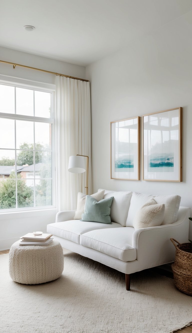 A cozy reading nook in a white living room with soft textures and natural light streaming in through large windows