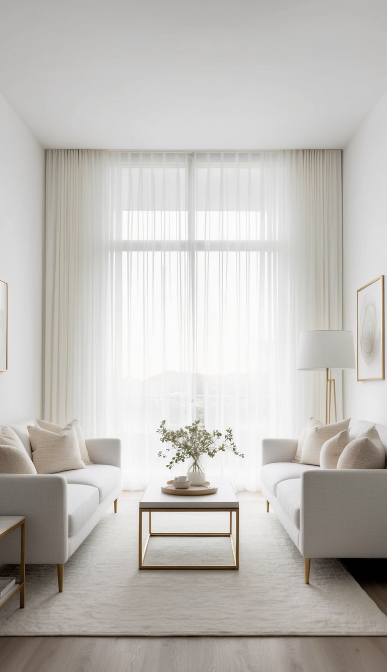 Sheer white curtains billow in a bright, airy living room with soft textures and clean white walls