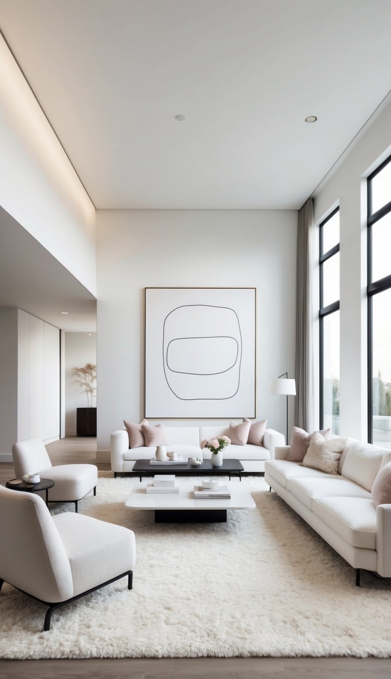 A large white living room with minimalistic decor, featuring oversized art on the walls and soft, plush textures throughout